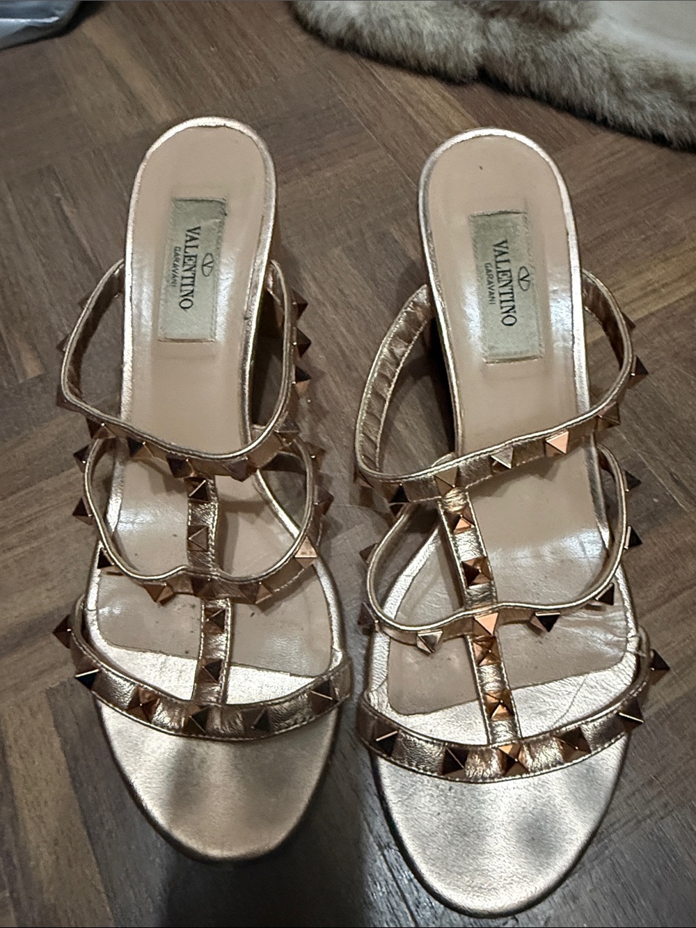 Valentino Metallic Rose Gold Pyramid Stud Slide Sandals 37.5